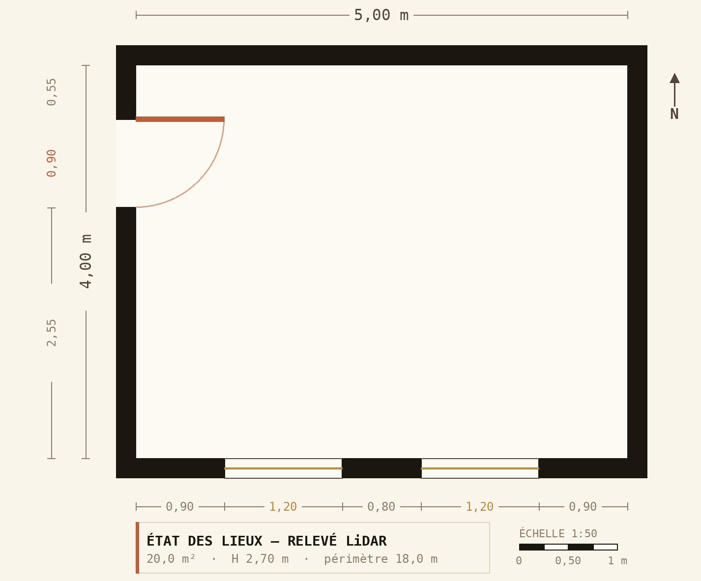 Plan de dessus coté, 5,00 × 4,00 m